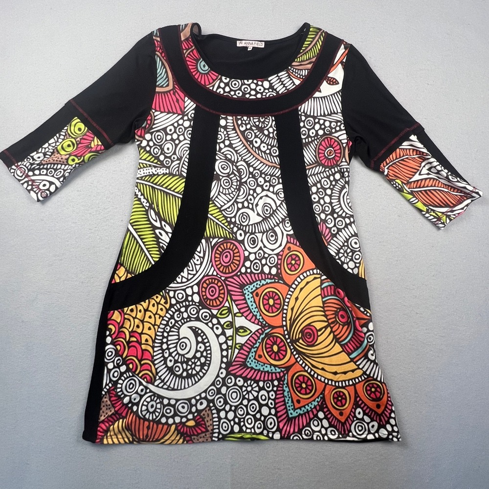 Anna‎ Field Tunic Dress Womens 38 Black Multi Color Psychedelic Floral Boho Mini
